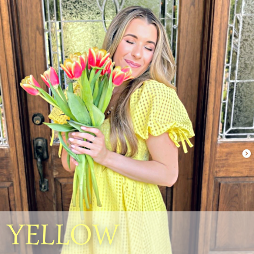 yellow dress boutique, yellow dresses for sale online, shop yellow dresses at blue spero, girl wearing a yellow dress holding flowers